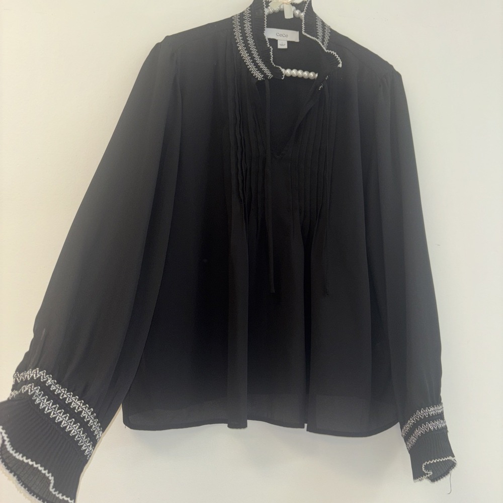 Cece Sz L Black Blouse Cottage Fairy Peasant Flowy Ruffle Puff Slv Milkmaid Vnec - Picture 2 of 8